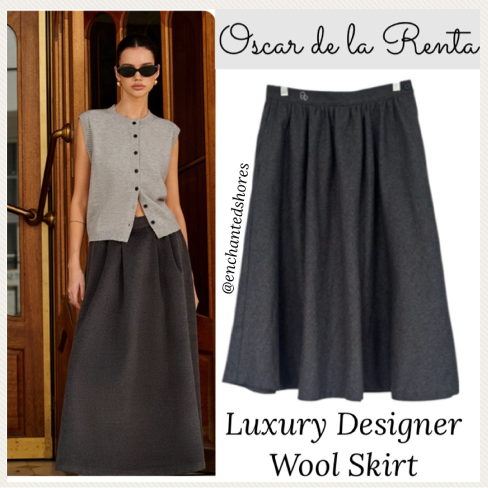 Oscar de la Renta Wool Skirt Vintage Luxury Long Full A Line Gray Size Small